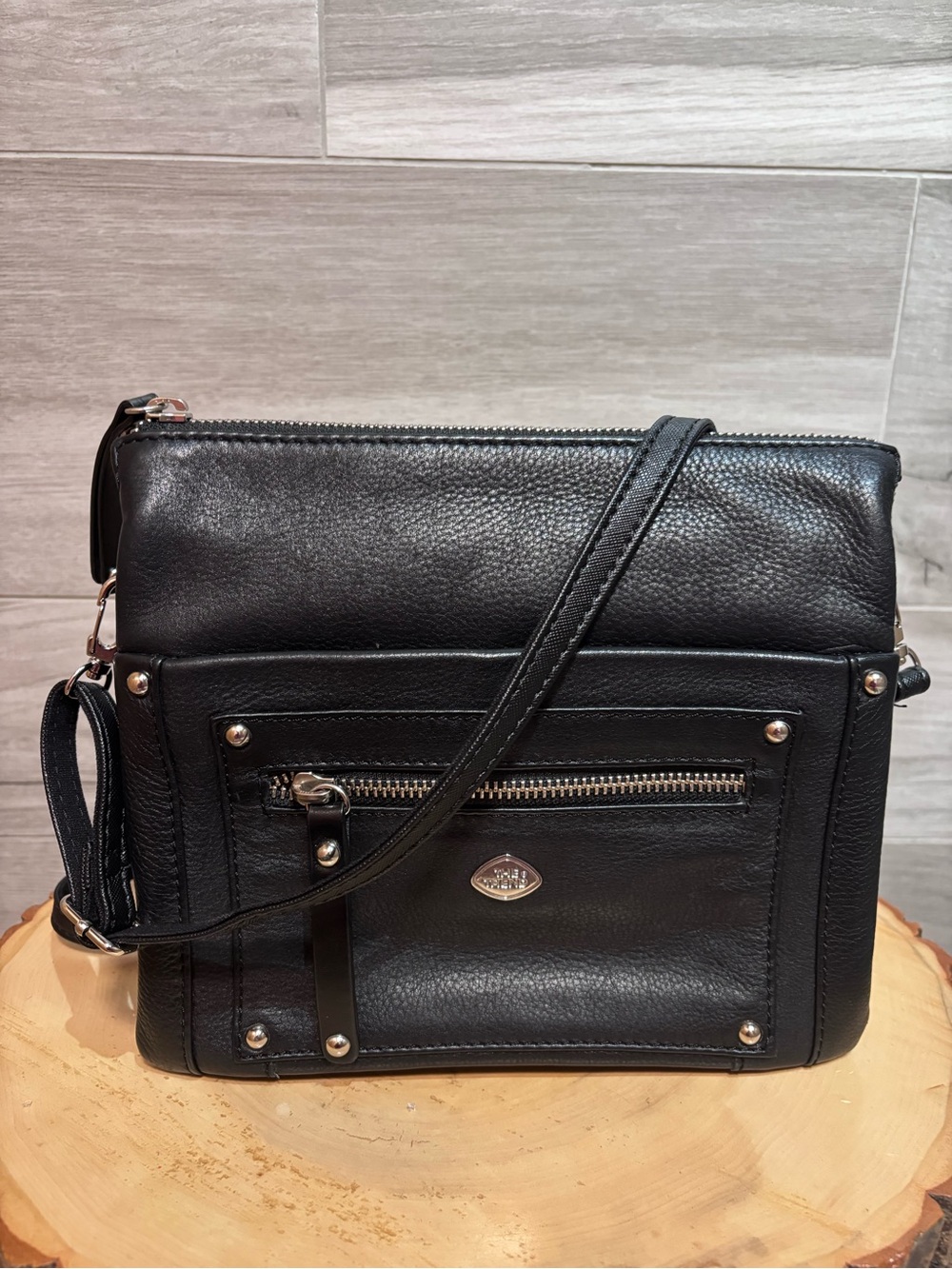 The Trend Genuine Pebbled Leather Crossbody Bag Black Adjustable Strap Brand new